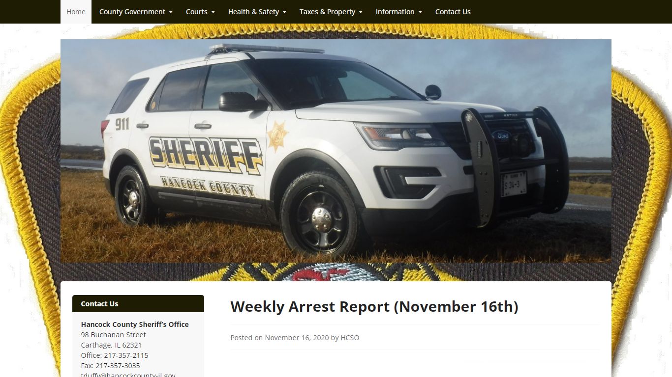 Weekly Arrest Report (November 16th) - Hancock County, Illinois